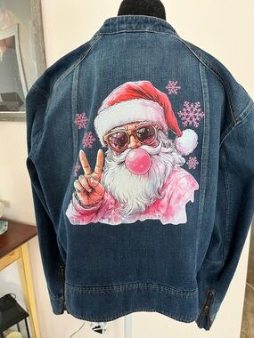 Upcycled GAP Blue Denim Jacket with Pink Santa Graphic